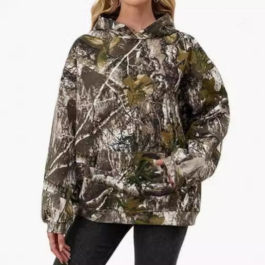 Camouflage Wool Hoodie Women's Long Sleeve Drop Shoulder Oversized