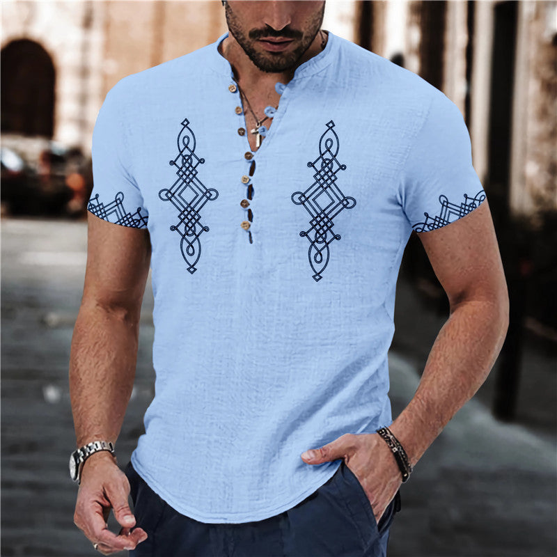 Men's Summer 7 Buckle Loop Stand Collar Short Sleeve Shirt