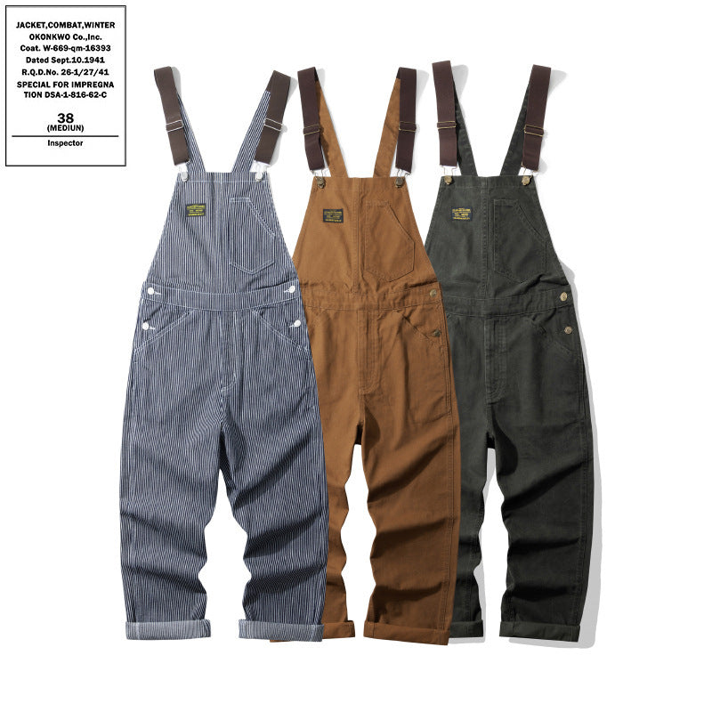 Outdoor Canvas Lumberjack Working Bib Top Pants Railway Stripe One-piece