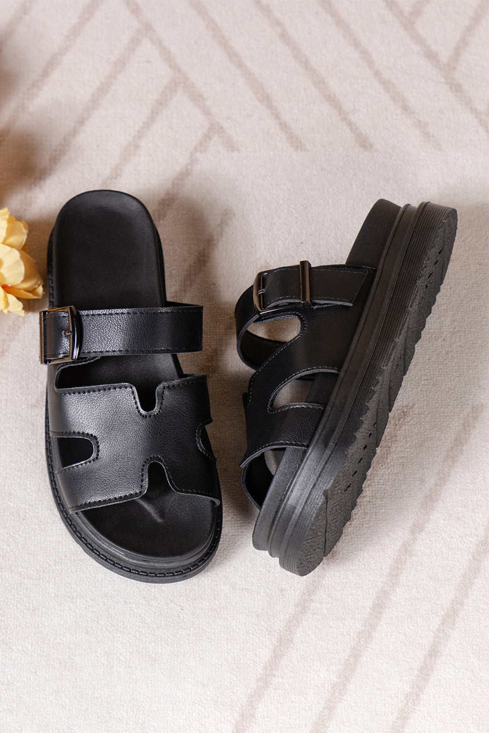 Black Hollow Out Buckle Strap Beach Slippers