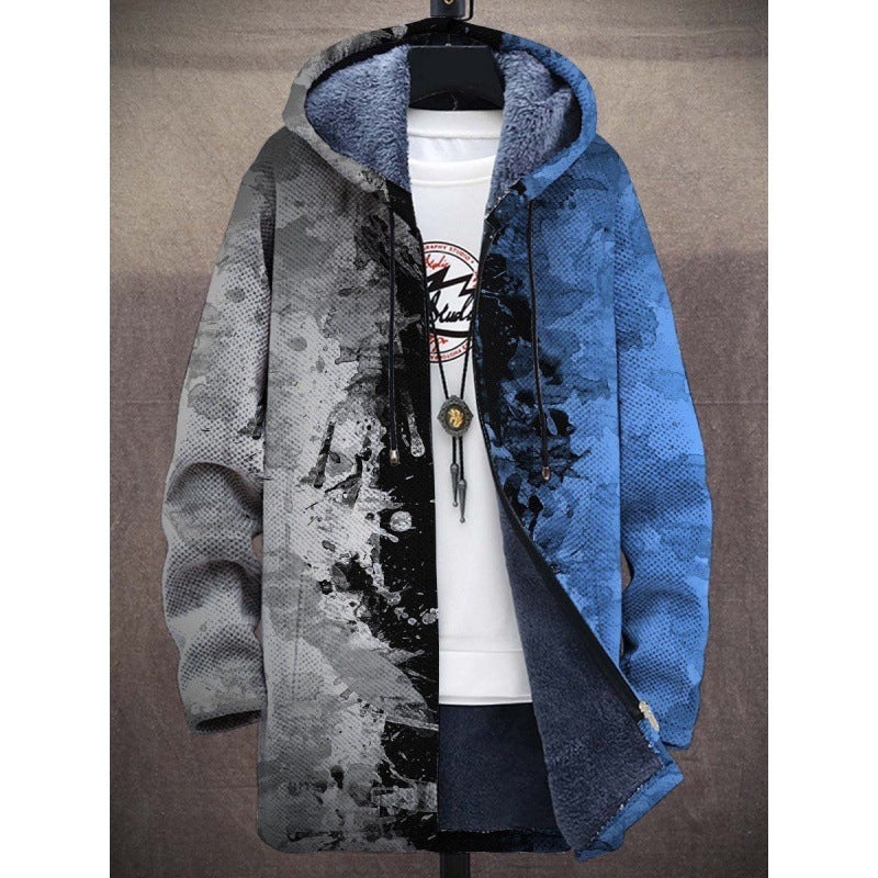 Men's Coat Winter Print Plush Lining Thick Windproof Jacket Long Sleeve Zipper