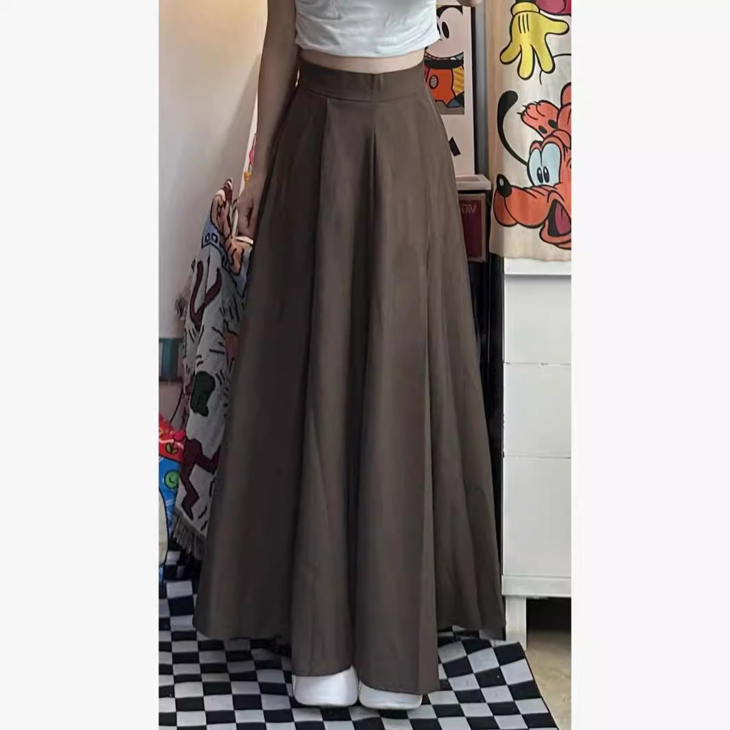 High Waist A- Line Skirt Niche Umbrella Skirt Brown Pleated Dress