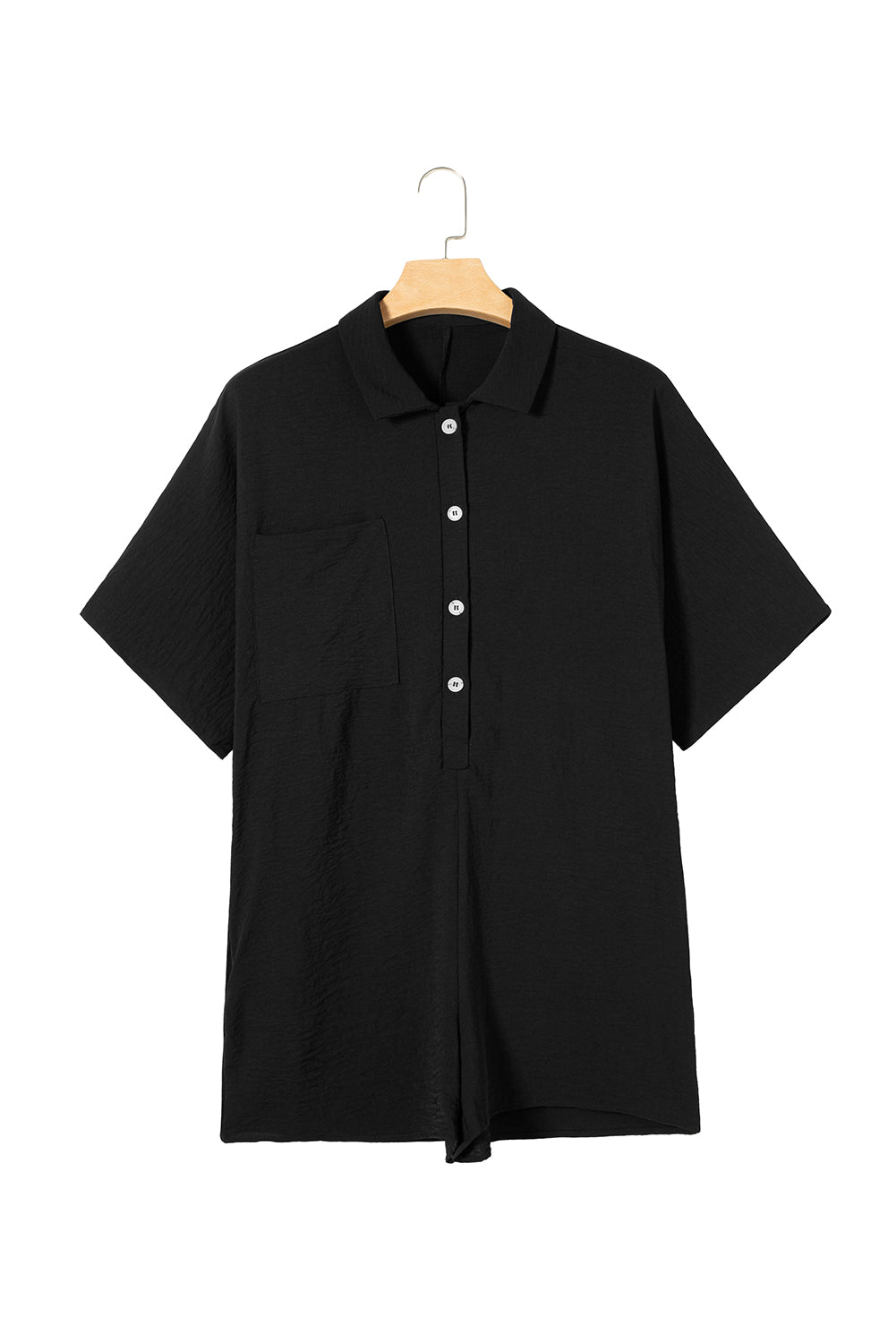 Black Plain Half Button Collared Pocket Loose Romper