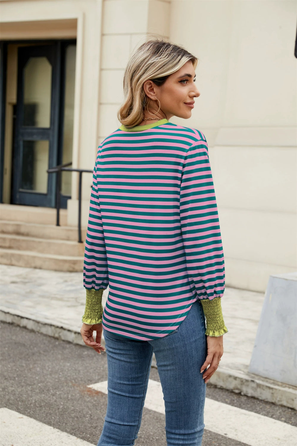 Contrast Striped Notched Long Sleeve Top