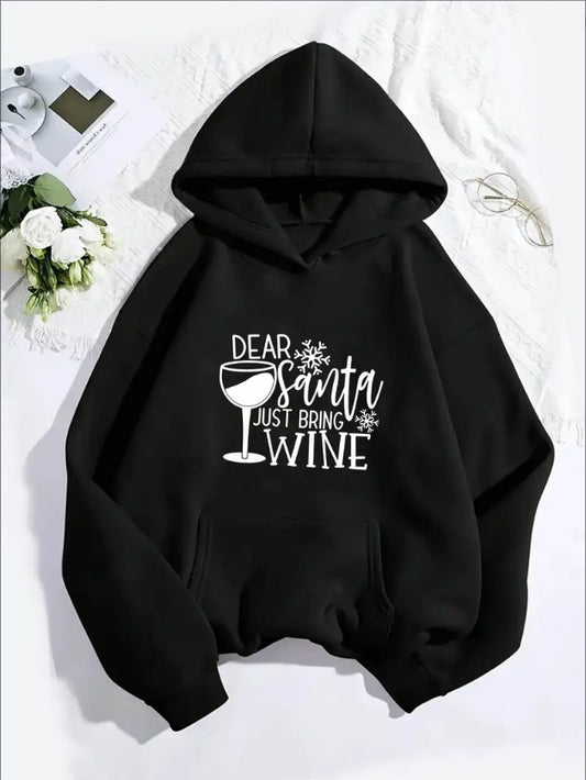 Festive Christmas Wine Cup Printed Women'S Hoodie Casual Sports Style With Kangaroo Pocket, All-Season Hooded Pullover Sweatshirt