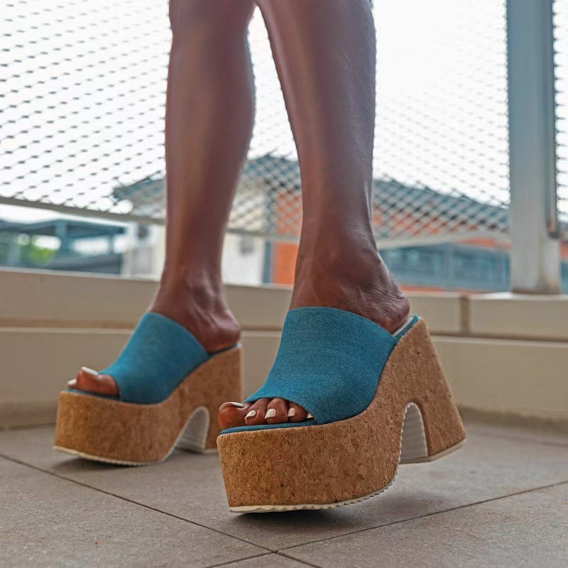 Platform Slippers Women's Light Blue One-line