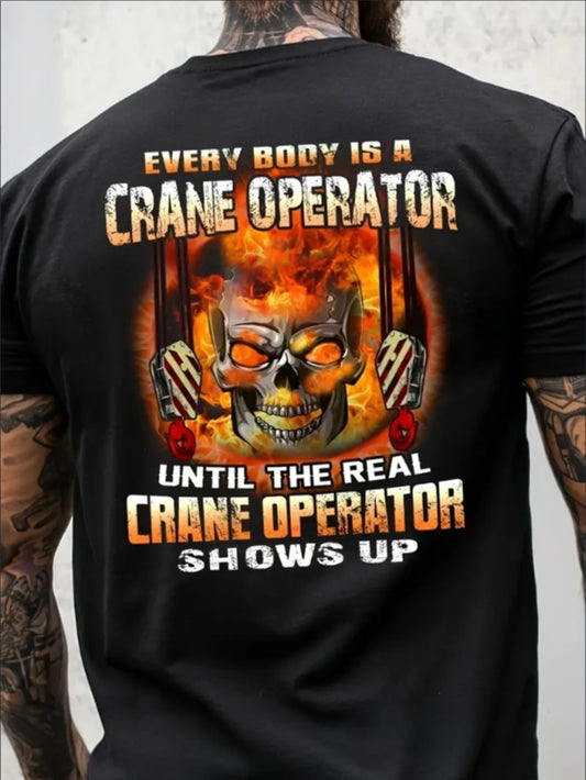 Crane Operator Graphic T-Shirt, Cotton Crew Neck Short Sleeve Tee, Casual Printed Pullover With Slight Stretch, Breathable Comfort Shirt For All Seasons