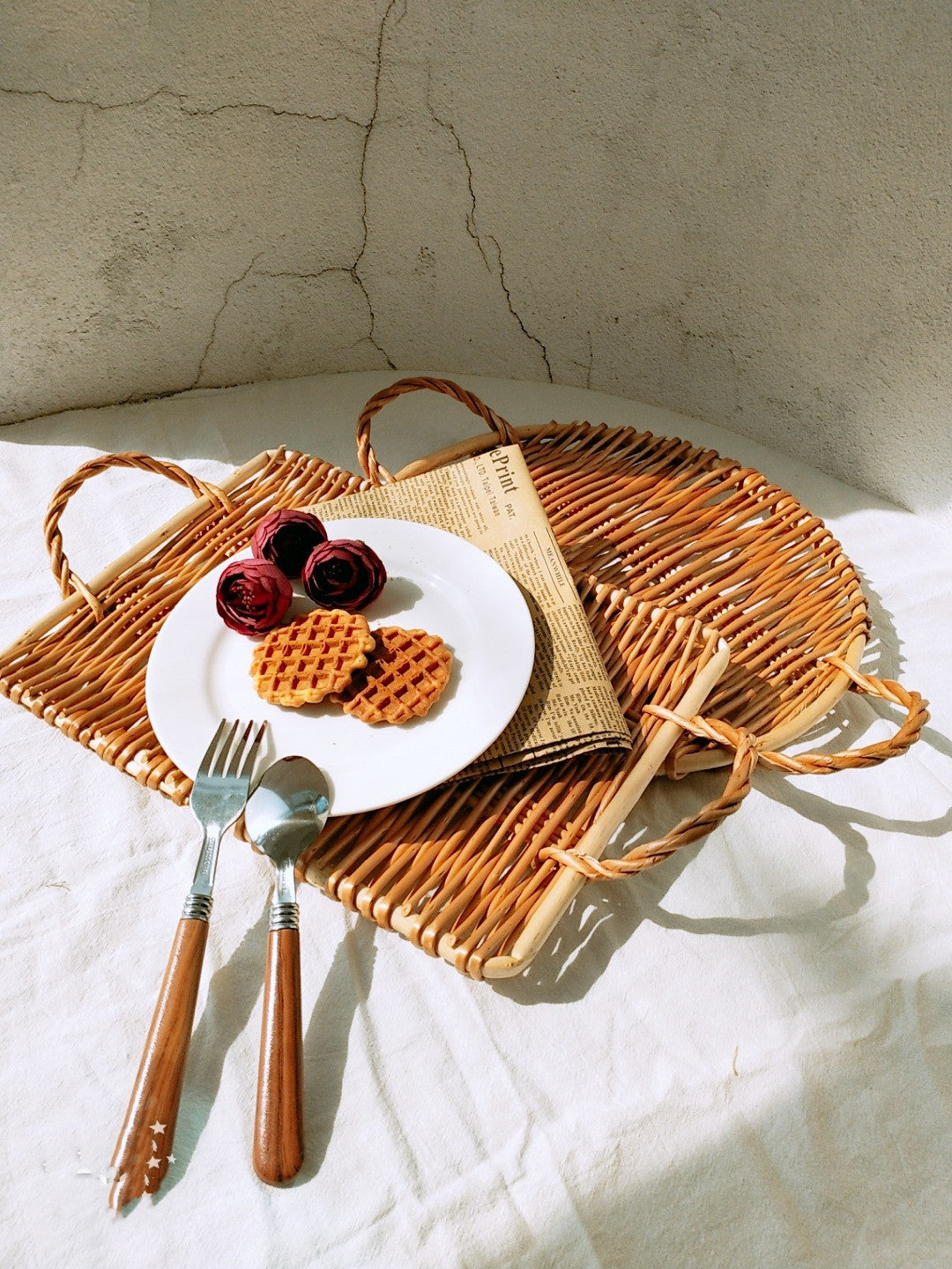 Woven Wicker Rattan Snack Basket Tea Tray