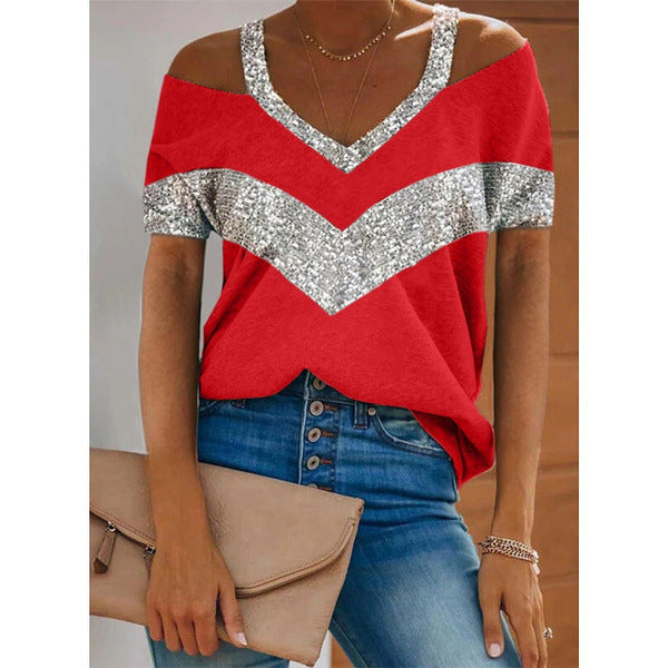 V-neck Solid Color Casual Short-sleeved Stitching Loose T-shirt