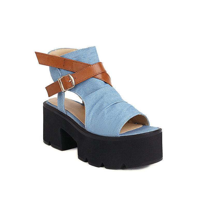 Denim Women's Sandals Leather Ring Strap Peep Toe Cool