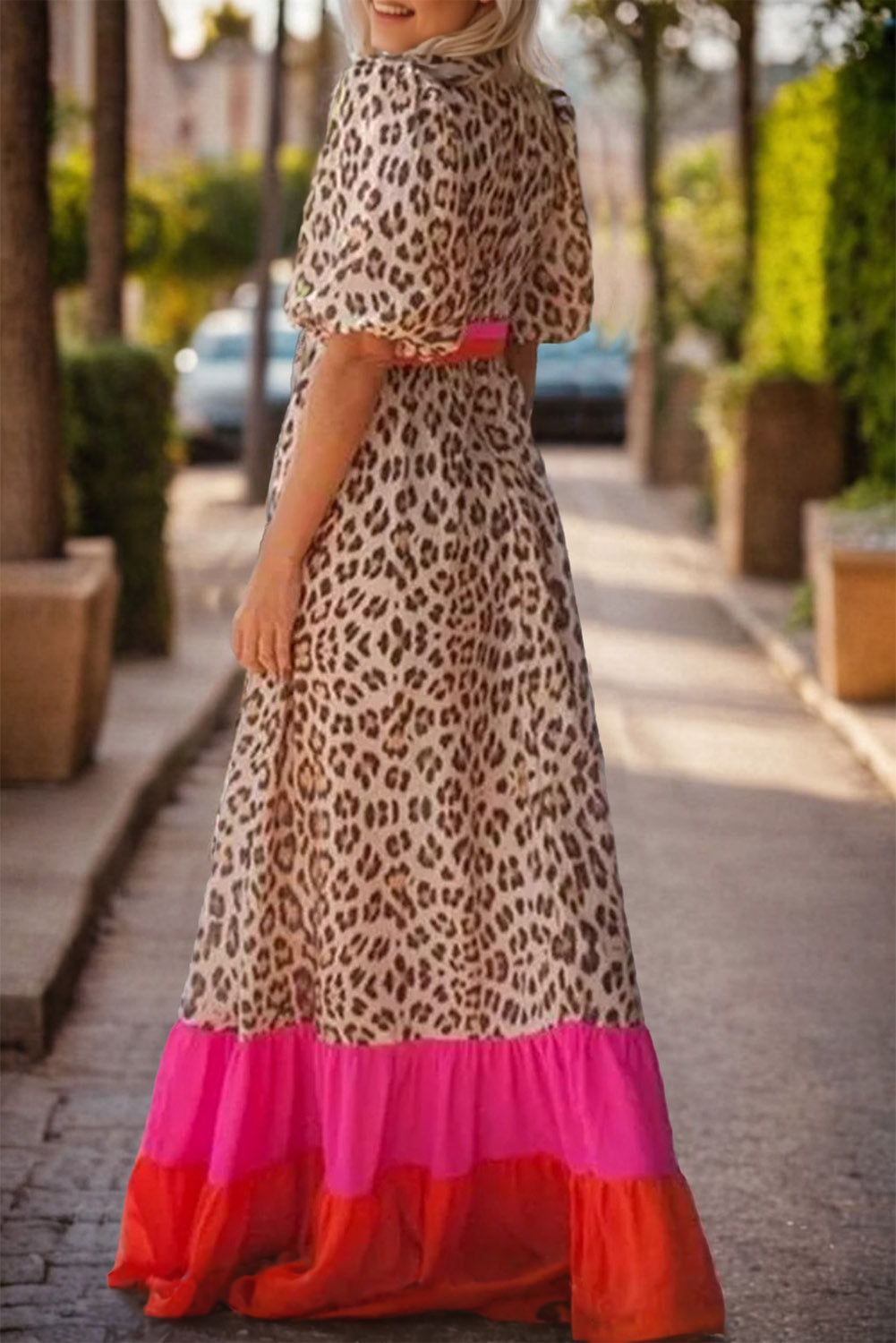 Bright Pink Leopard Colorblock Patchwork Bubble Sleeve Maxi Dress