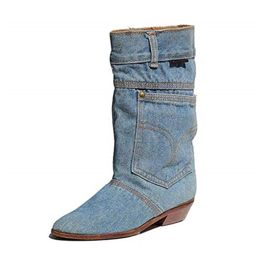 Women's Boots Mid-waist Low Heel Denim Casual