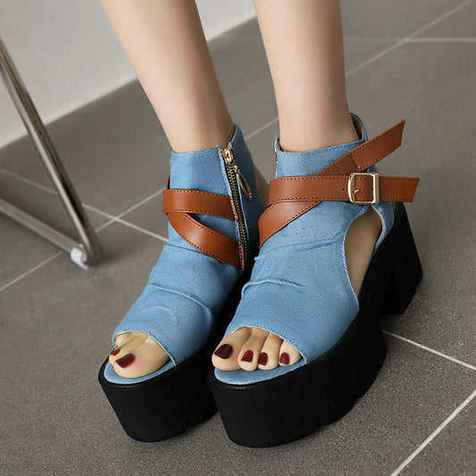 Denim Women's Sandals Leather Ring Strap Peep Toe Cool