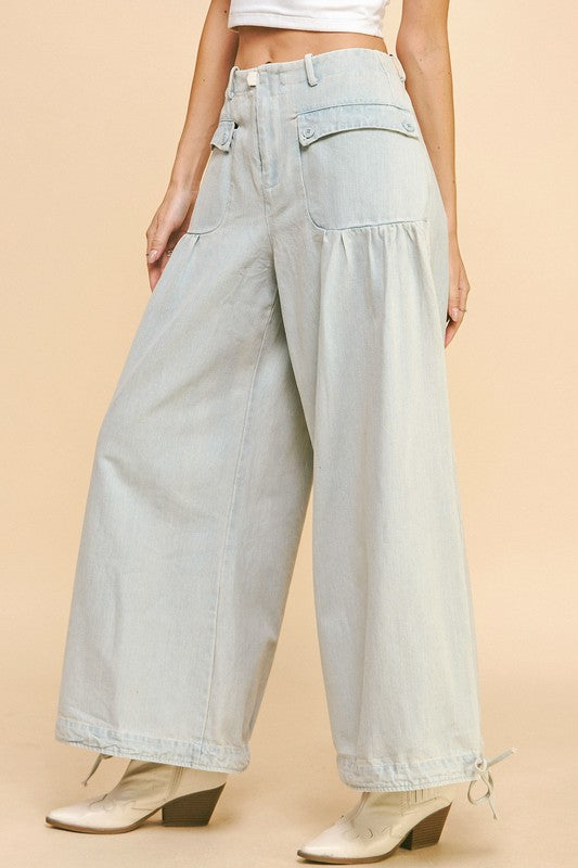 Davi & Dani Drawstring Hem Wide Leg Mid Rise Jeans