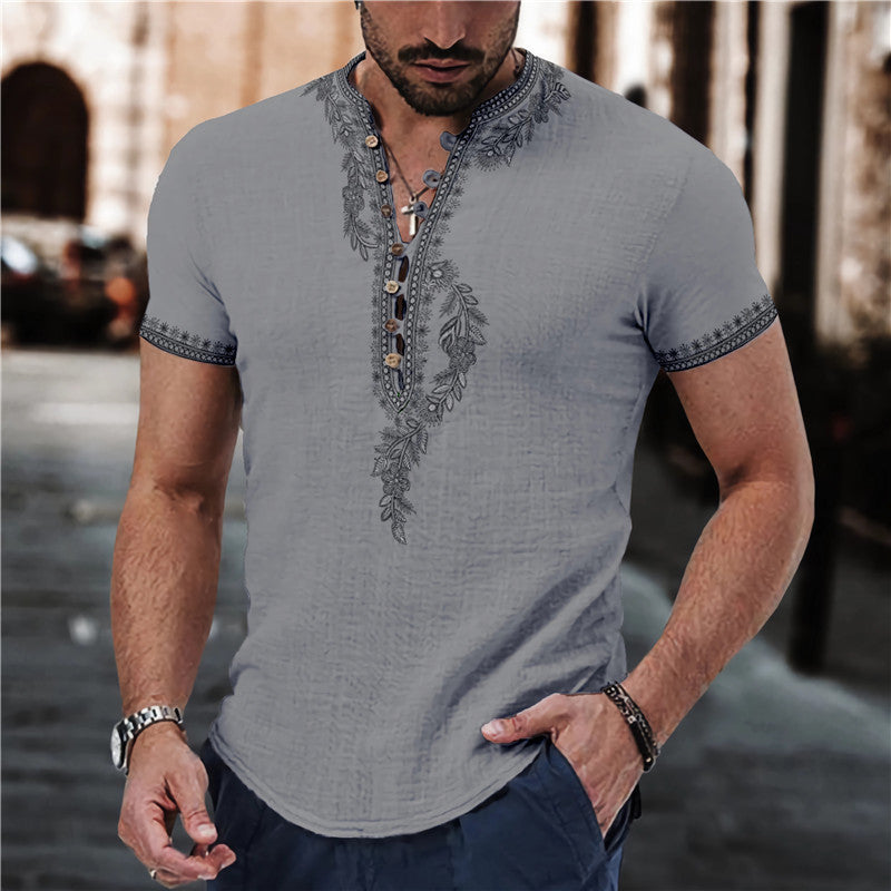 Men's Summer 7 Buckle Loop Stand Collar Short Sleeve Shirt