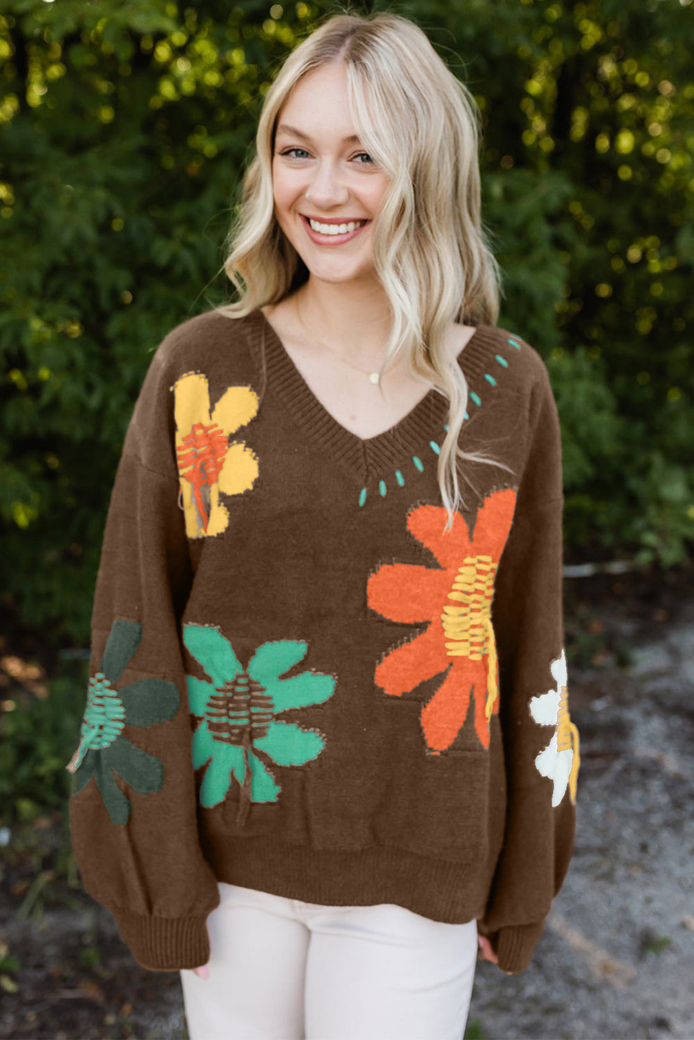 Coffee Big Flower Pattern V Neck Drop Shoulder Sweater