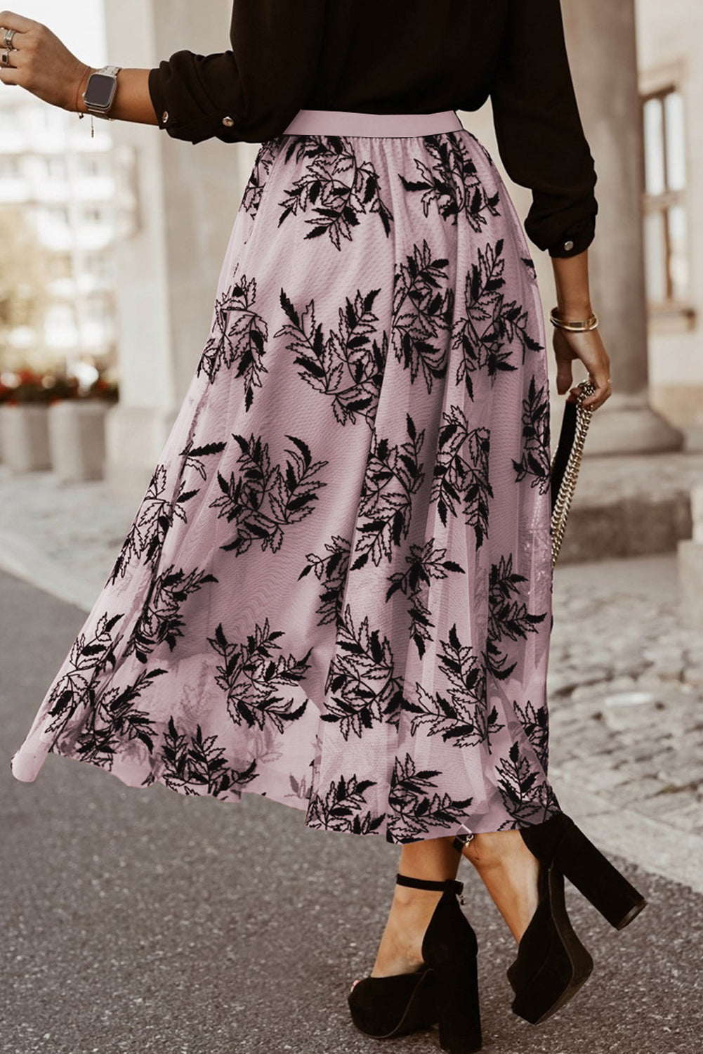 Gold Flame Floral Leaves Embroidered High Waist Maxi Skirt