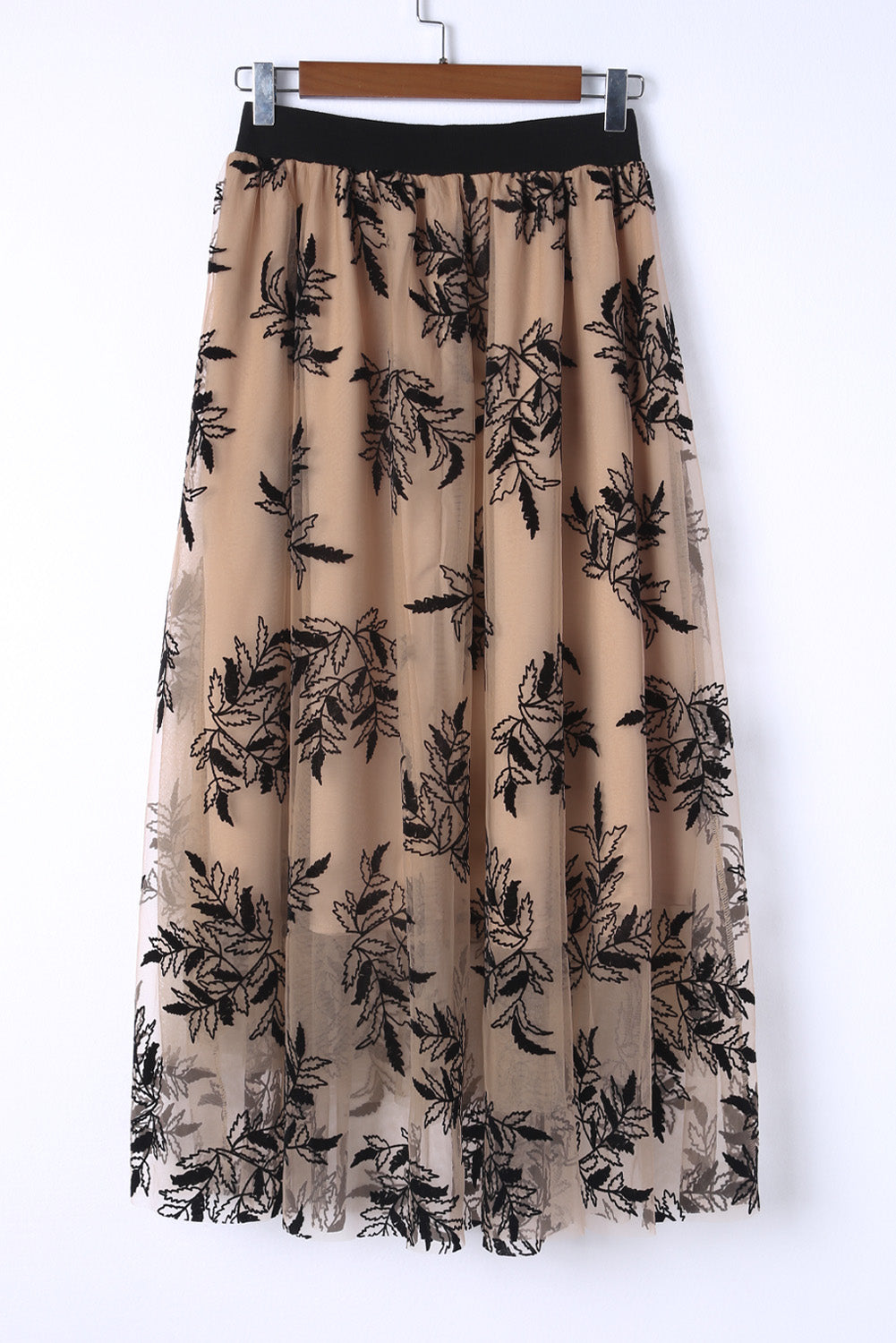 Gold Flame Floral Leaves Embroidered High Waist Maxi Skirt