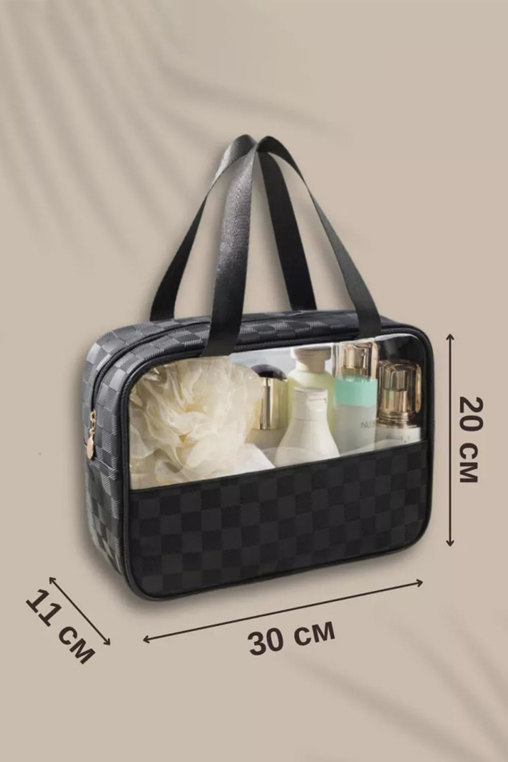 Black Stylish Checkered PVC Clear Cosmetic Bag