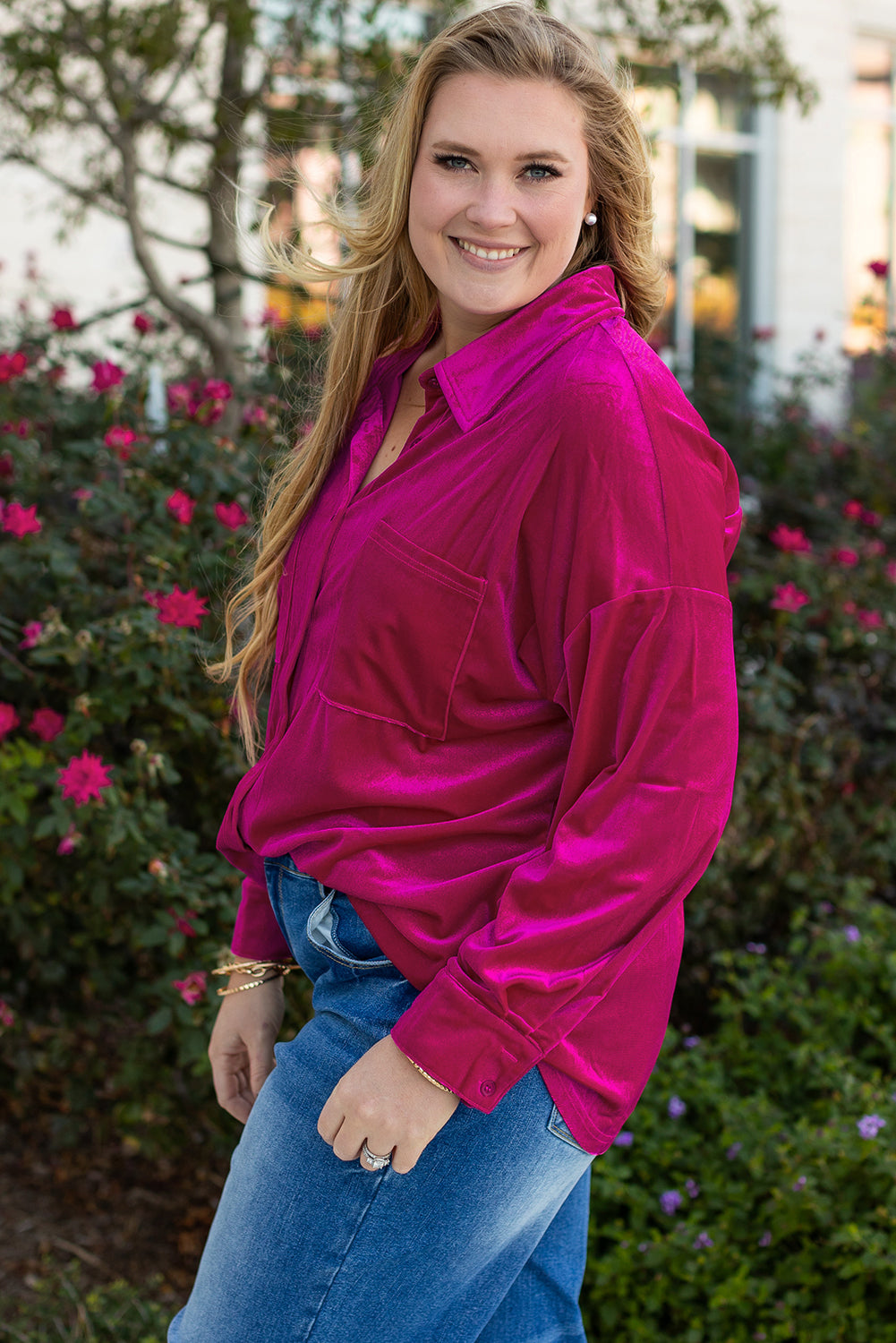 Bright Pink Plus Size Velvet Chest Pocket Drop Shoulder Shirt