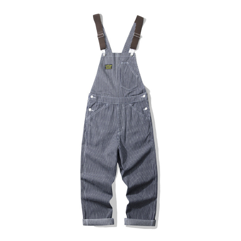 Outdoor Canvas Lumberjack Working Bib Top Pants Railway Stripe One-piece