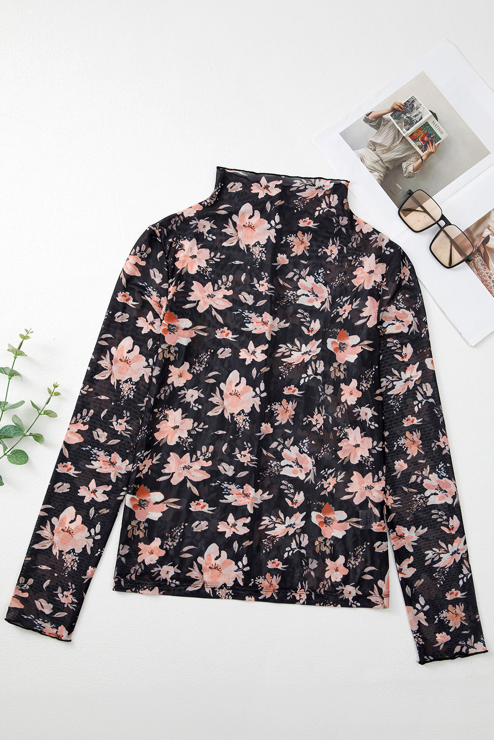 Black Floral Long Sleeve Slim Fit Mesh Top