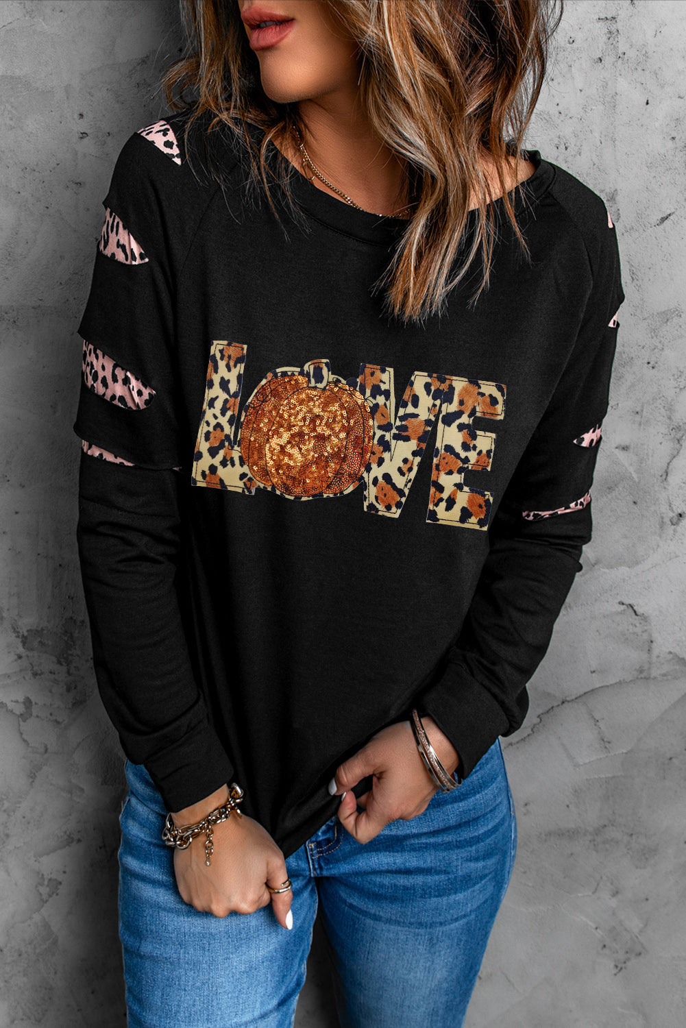 Black LOVE Sequin Pumpkin Leopard Print Cut Out Sleeve Sweatshirt