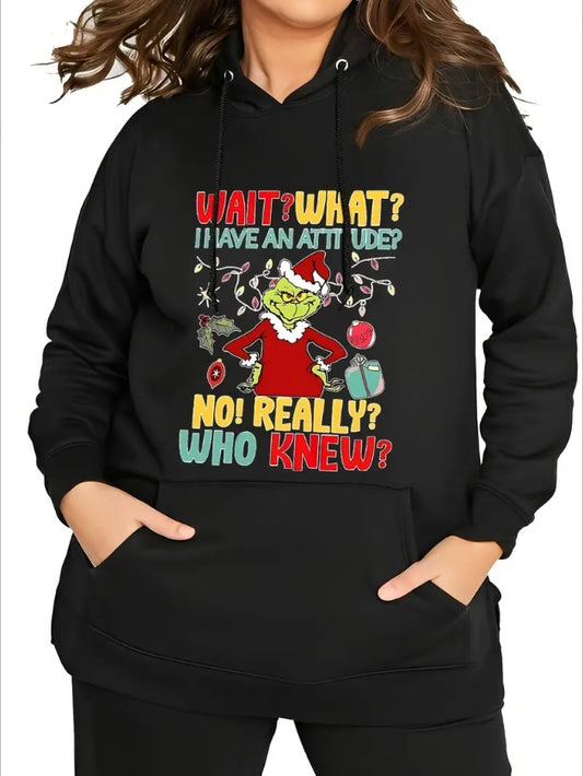 Plus Size Women'sWait What I Have An Attitude No Really Who Knew Christmas Hoodies, Womens Oversized Hoodies Long Sleeve Pullover With Pocket 2024 Fall Winter