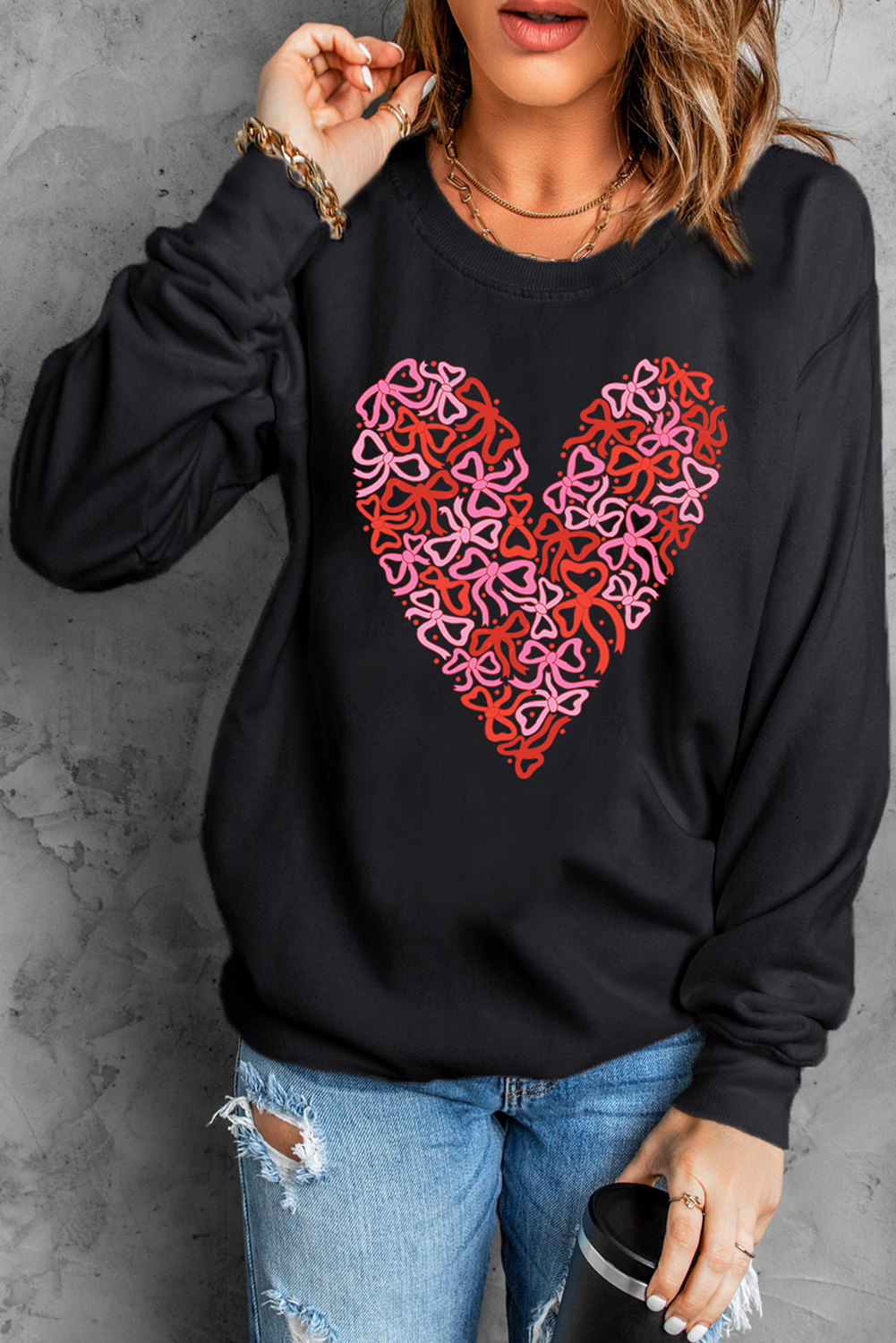 Black Bowknot Heart Printed Crewneck Valentines Sweatshirt