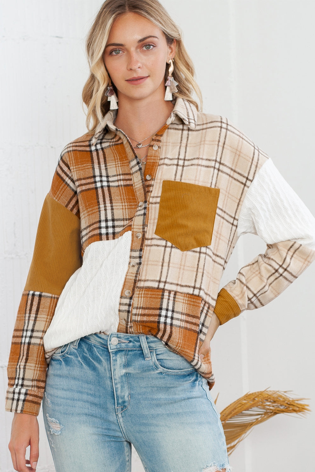 Orange Plaid Color Block Patchwork Pocket Shirt Shacket