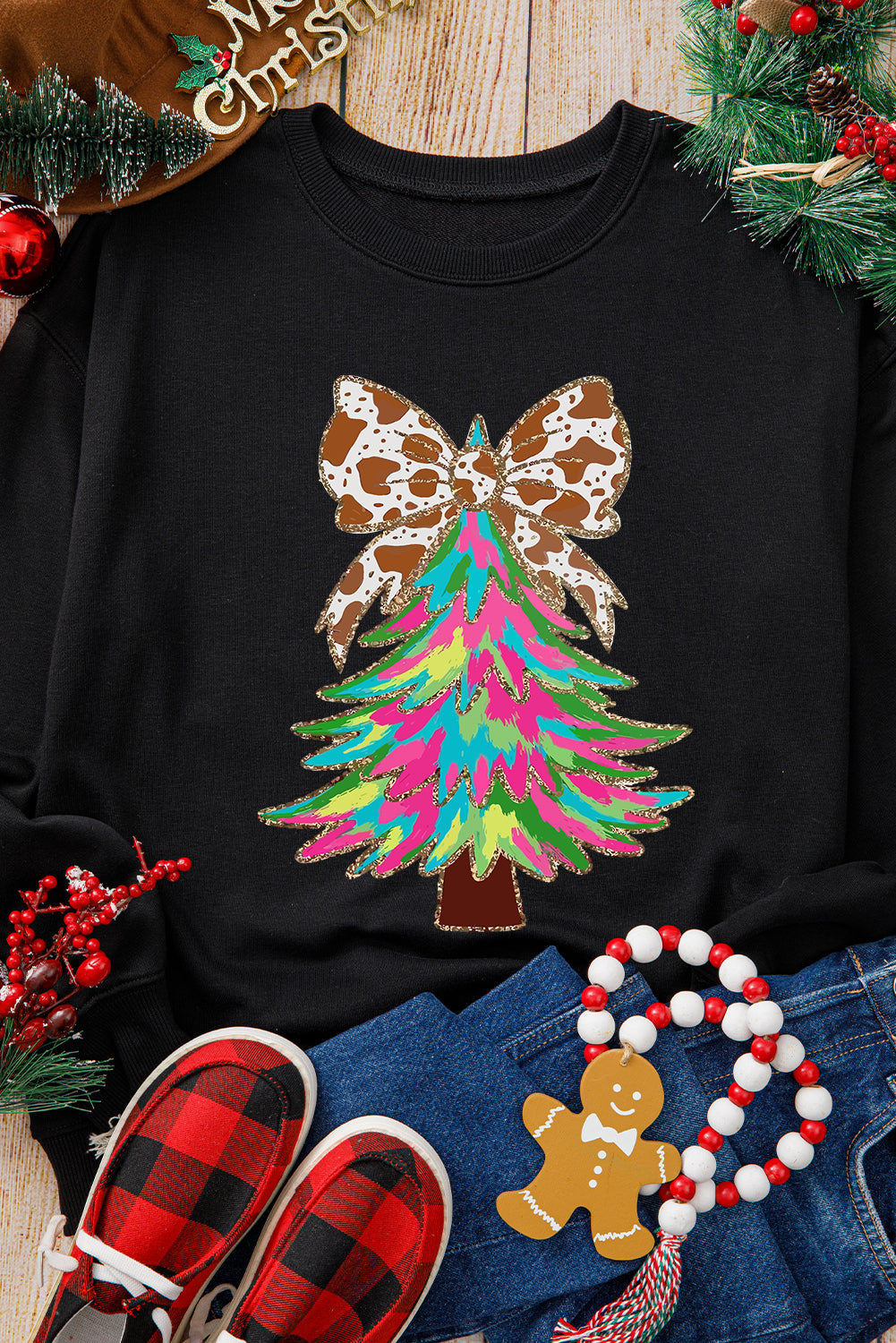 Black Bowknot Christmas Tree Shiny Graphic Sweatshirt