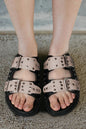 Black Retro Buckle Rivet Detail 2-tone Patched PU Slippers