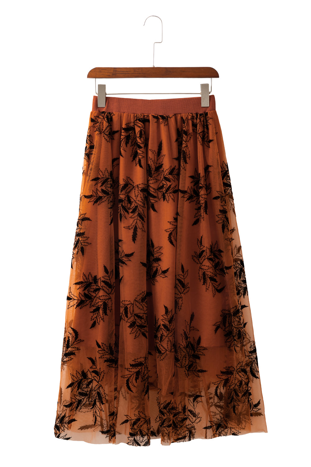 Gold Flame Floral Leaves Embroidered High Waist Maxi Skirt