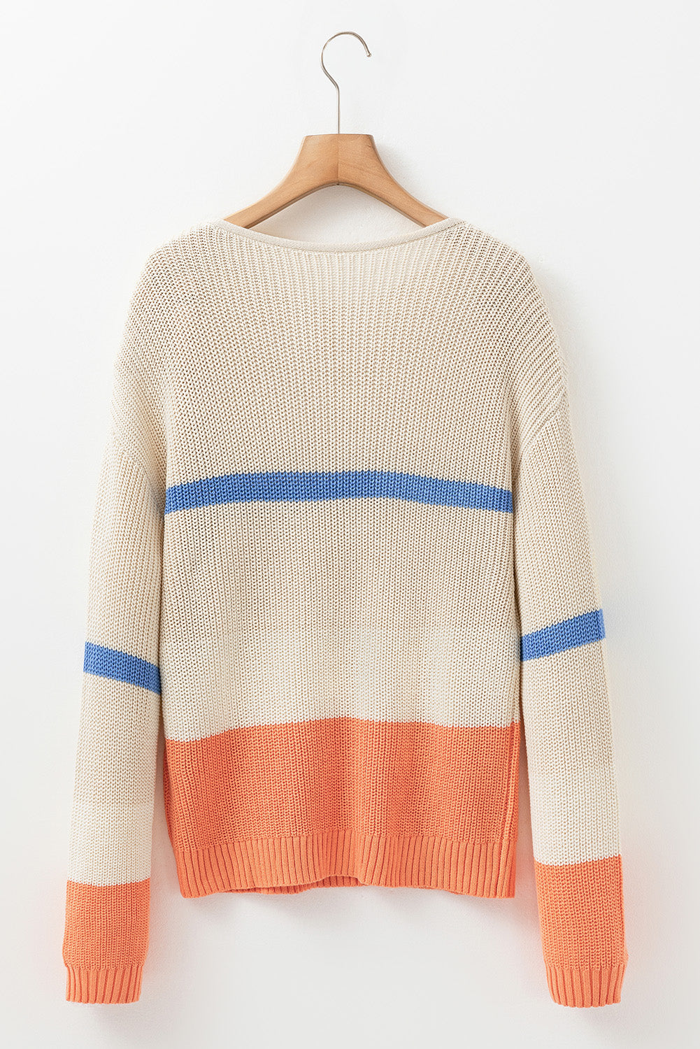 Beige Colorblock Striped Drop Shoulder Cozy Sweater