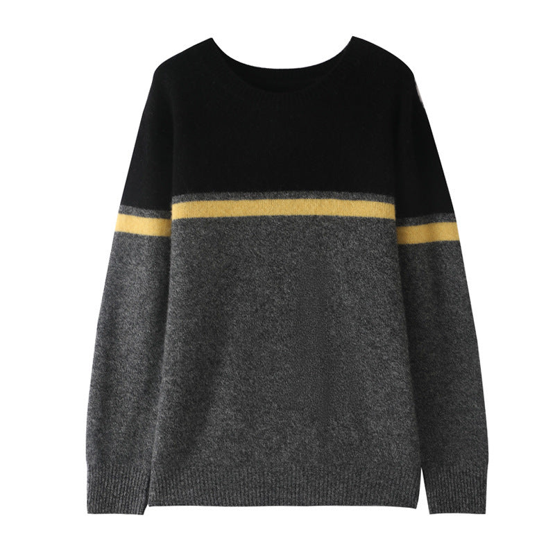 Striped Youth Pure Wool Sweater Men's Round Neck Loose