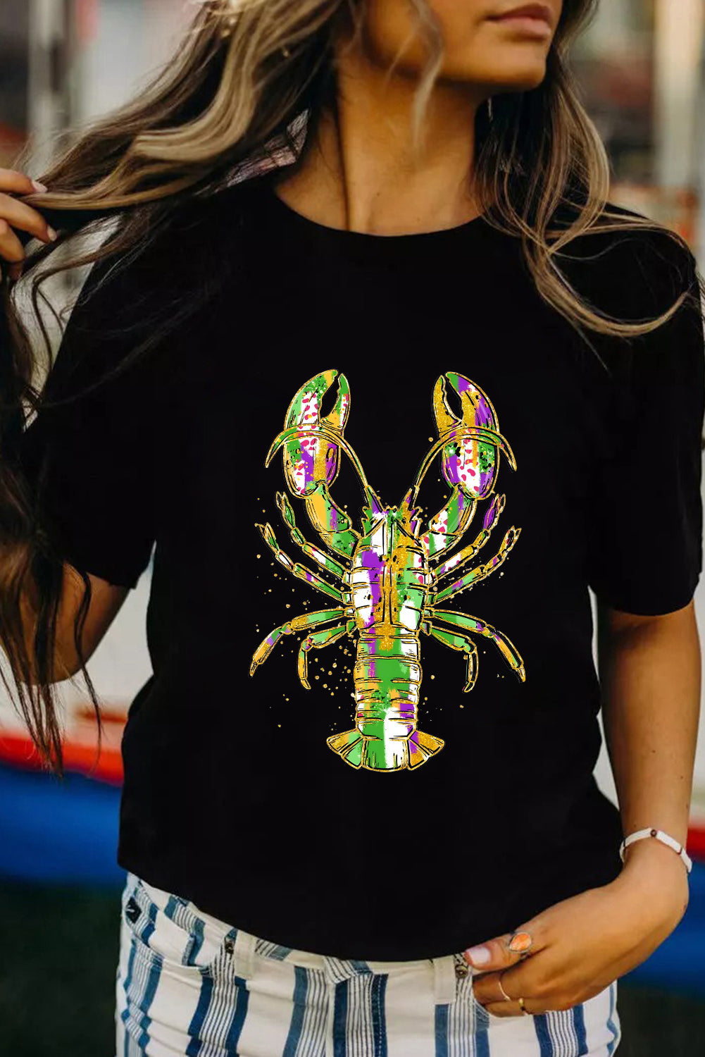 Black Mardi Gras Lobster Graphic Heat Transfer T Shirt