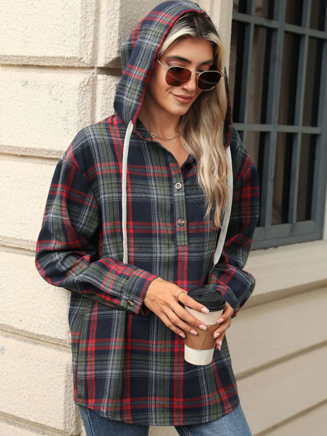 Drawstring Plaid Hooded Long Sleeve Top