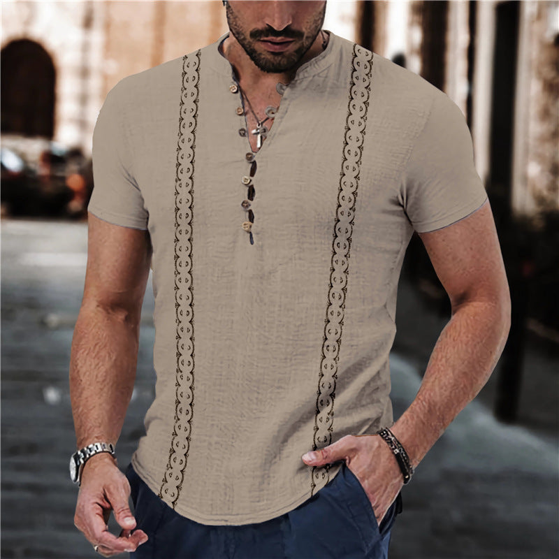 Men's Summer 7 Buckle Loop Stand Collar Short Sleeve Shirt