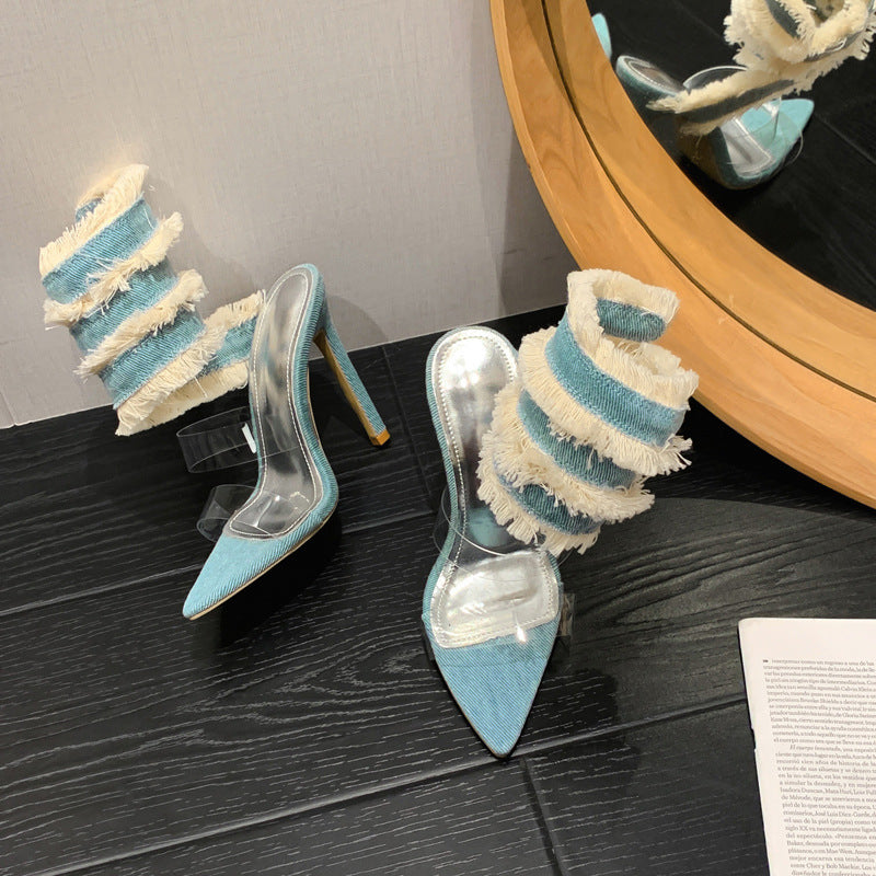 Roman Denim Snake Spring Pointed-toe Stiletto Sandals