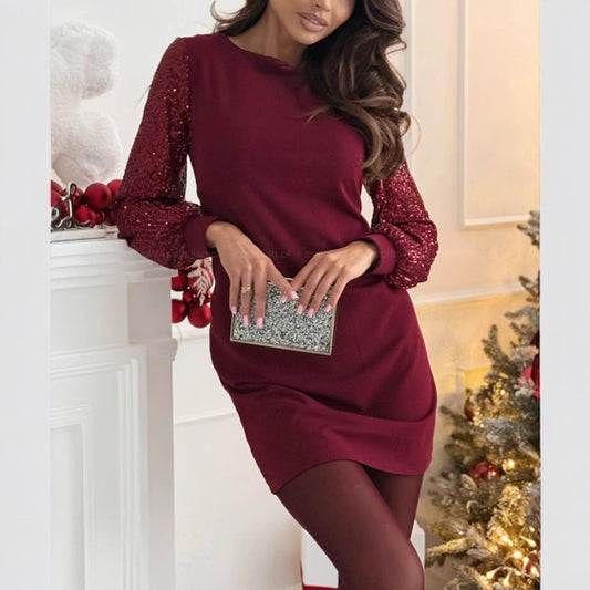 Round Neck Sequins Long Sleeve Stitching Dress