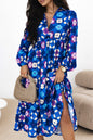 Blue Floral Peasant Sleeve Tiered Ruffle Midi Dress