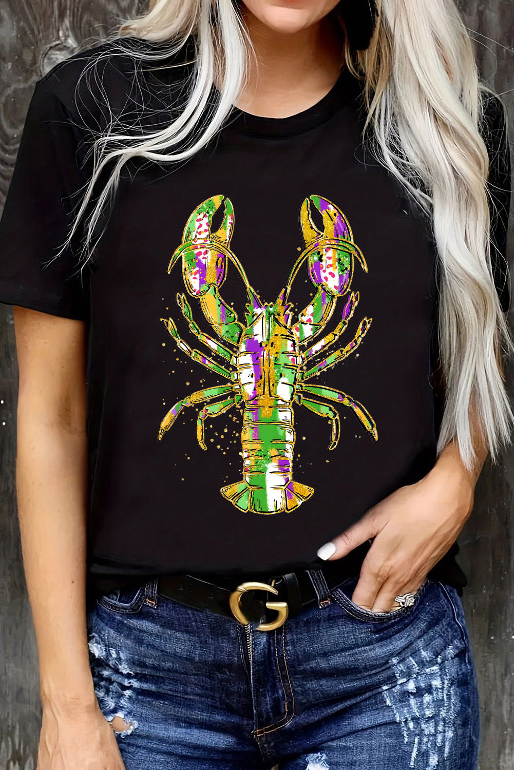 Black Mardi Gras Lobster Graphic Heat Transfer T Shirt