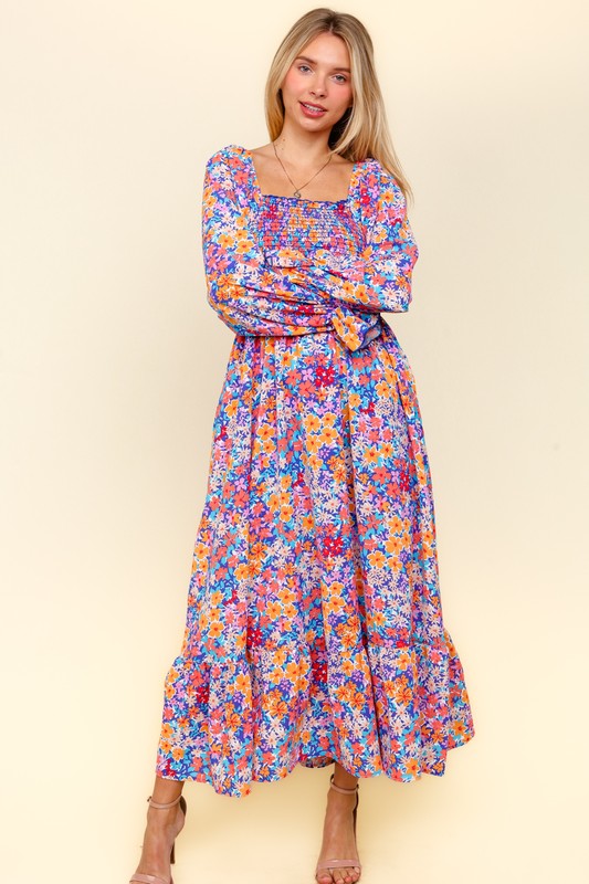 Haptics Smocked Floral Square Neck Flounce Sleeve Dress