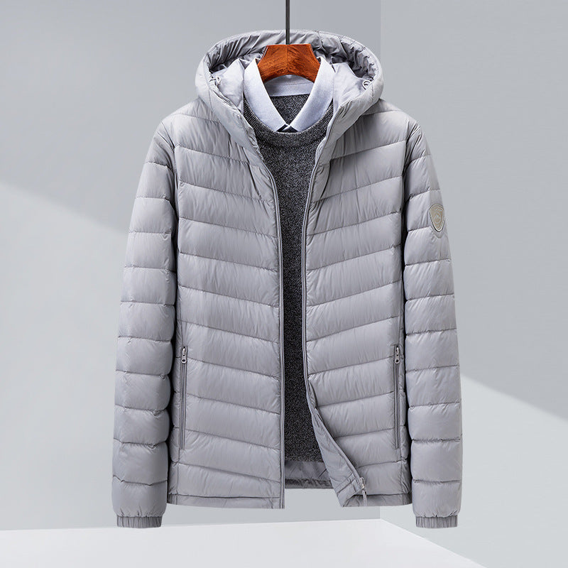 Men's Thin Hood Down Jacket Trendy Slim Fit White Duck Down