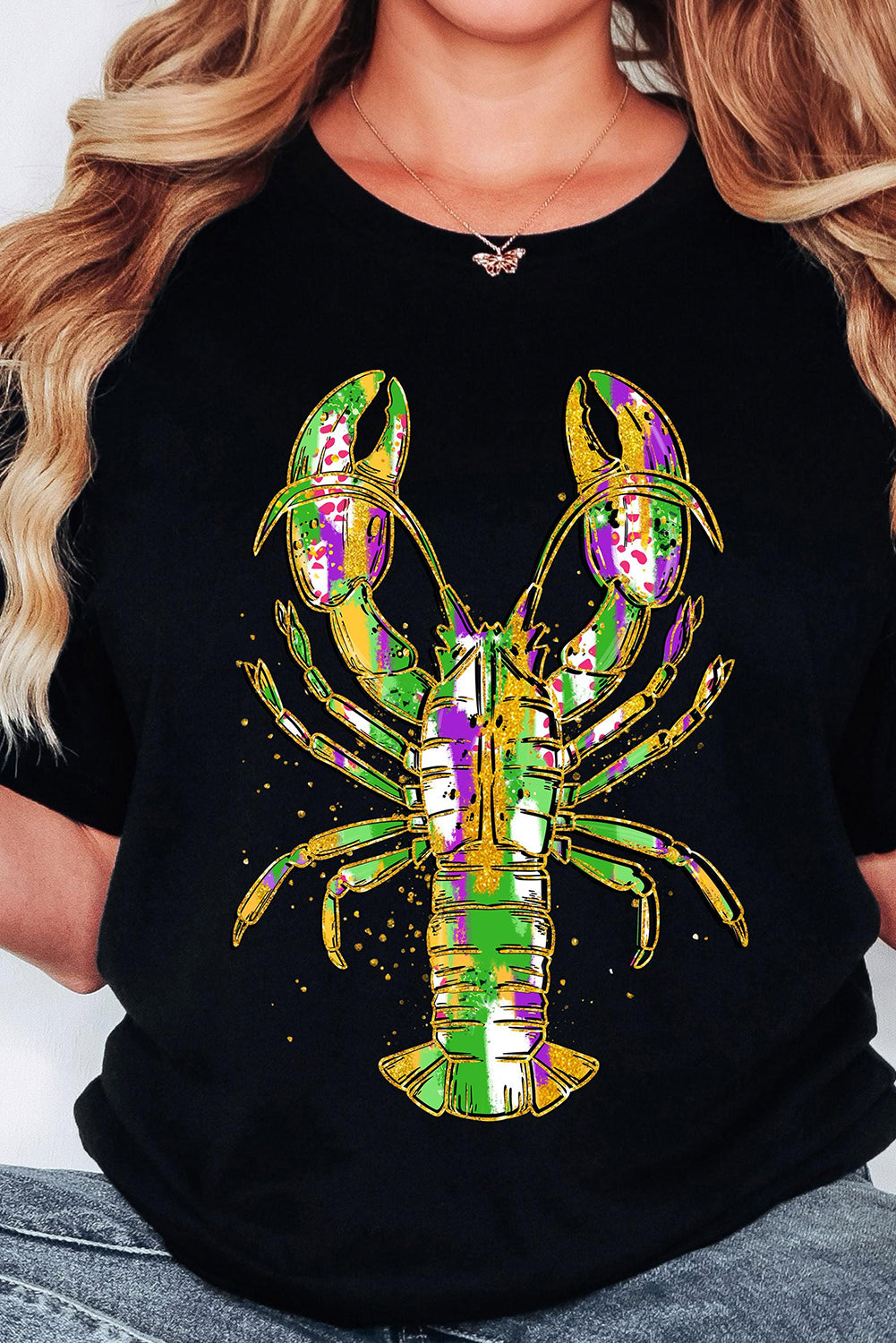 Black Mardi Gras Lobster Graphic Heat Transfer T Shirt