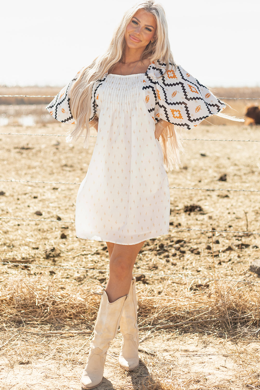 Beige Western Aztec Print Pleated Square Neck Loose Mini Dress