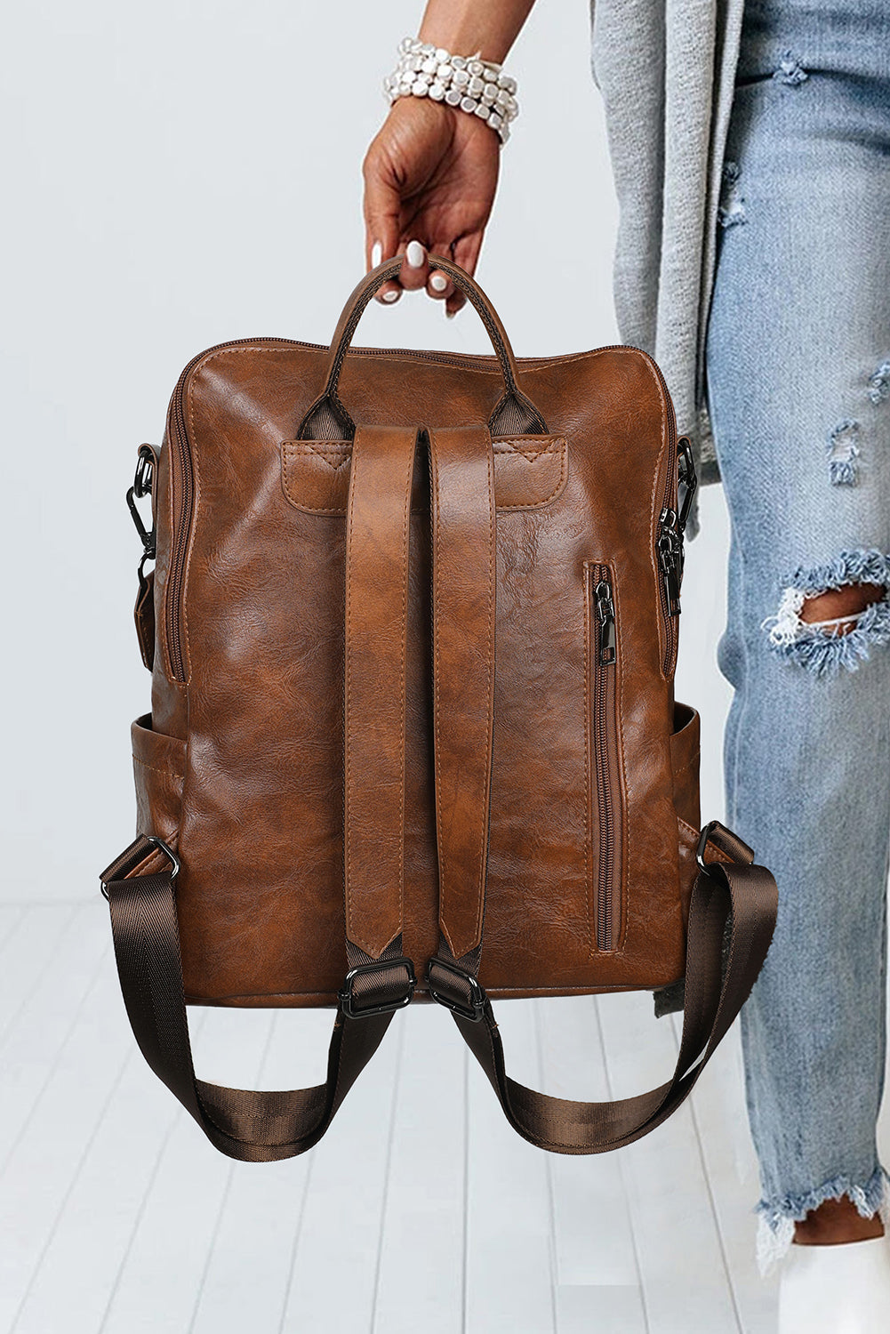 Brown Tassel Decor Retro PU Large Capacity Backpack