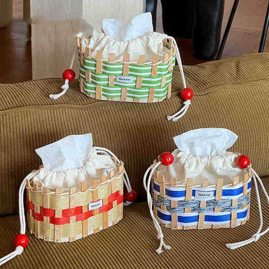 Colorful Wooden Woven Rattan Tissue Storage Basket