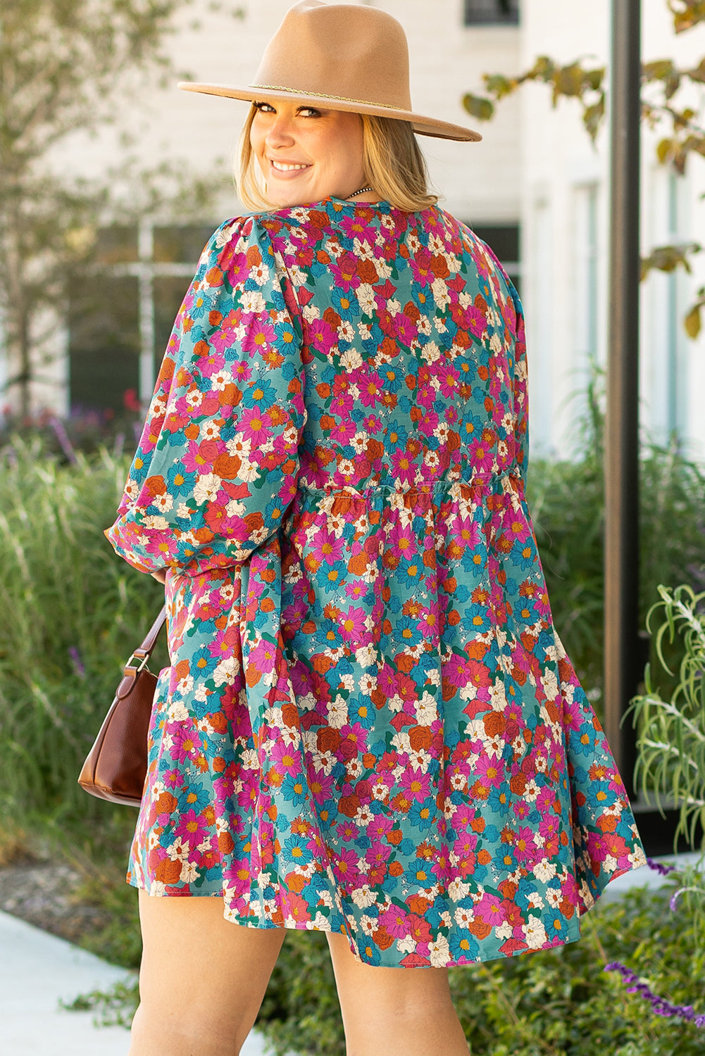 Sky Blue Plus Size Floral Print Shirred Ruffle Tiered Mini Dress