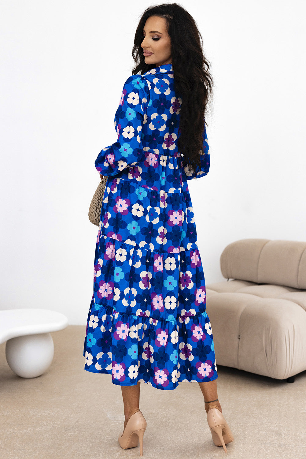 Blue Floral Peasant Sleeve Tiered Ruffle Midi Dress